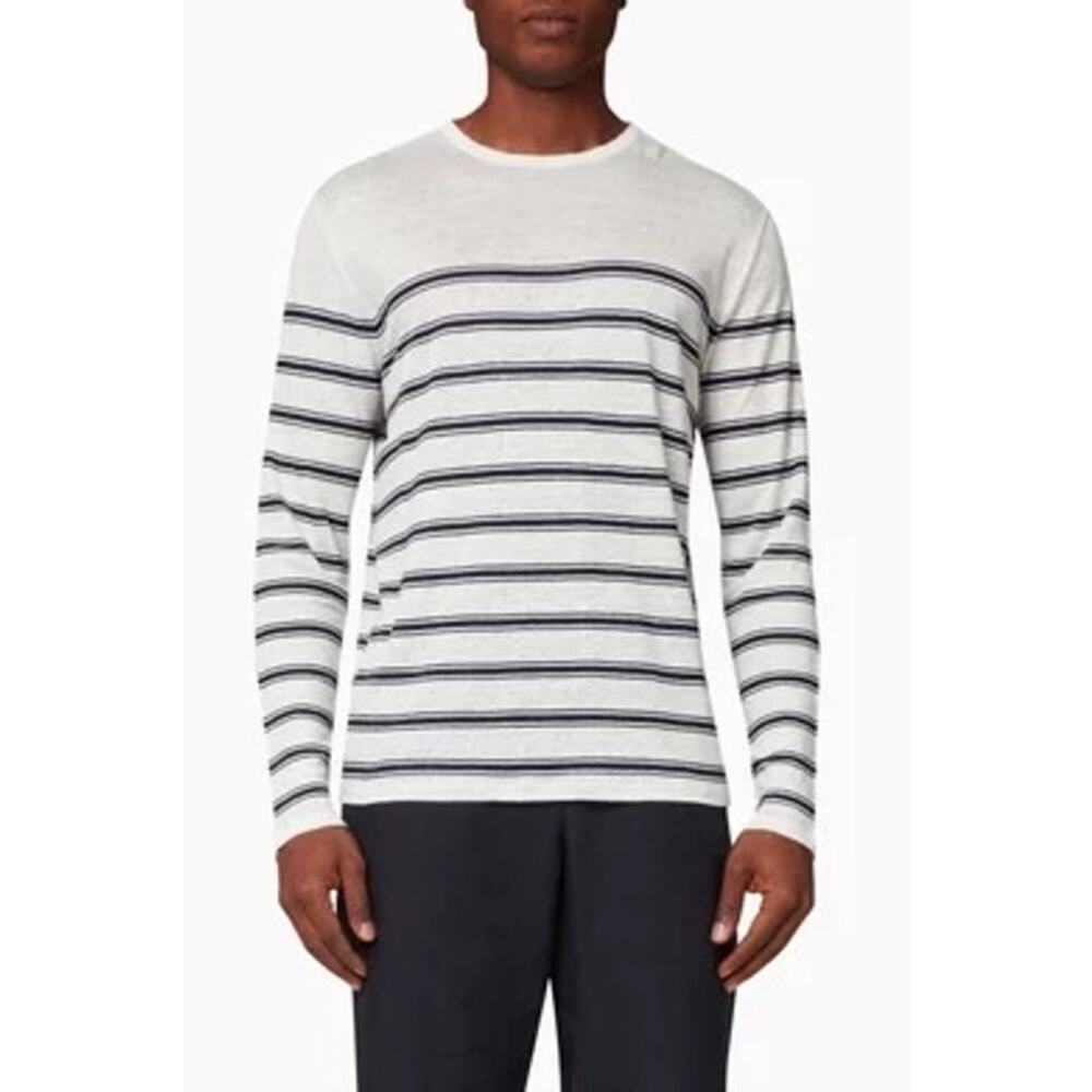 Vince Linen Shirt Striped Long Sleeve Crewneck Sz XL White Black Minimal Luxe